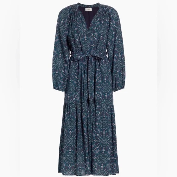 XIRENA Ambrose Belted Tiered Midi Dress Indigo Flora - Size Medium - Picture 1 of 9